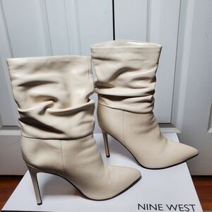 Nine West Womens Cream Leather Slouch  Boots